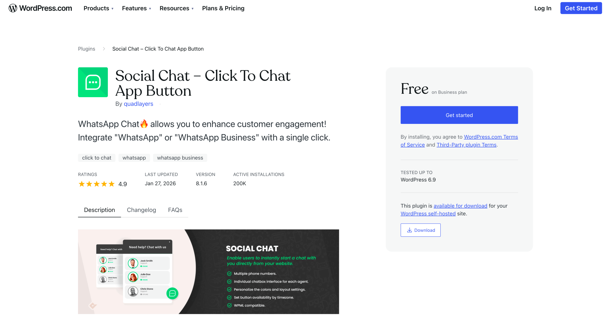 Screenshot of the Social Chat plugin landing page in the WordPress plugin directory