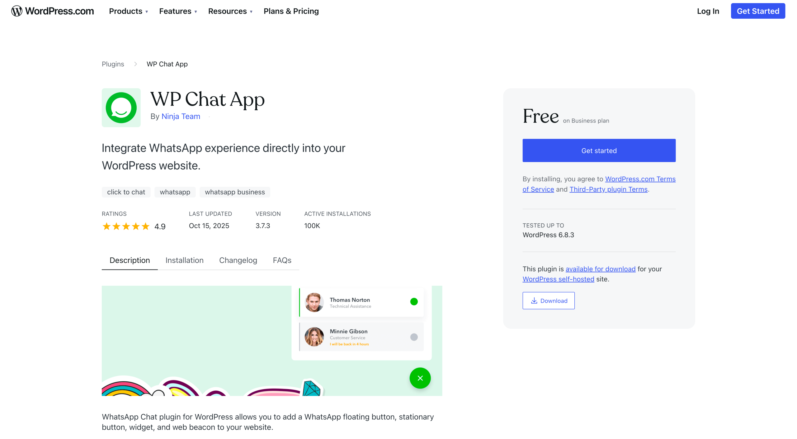 Screenshot of the WP Chat App plugin landing page in the WordPress plugin directory