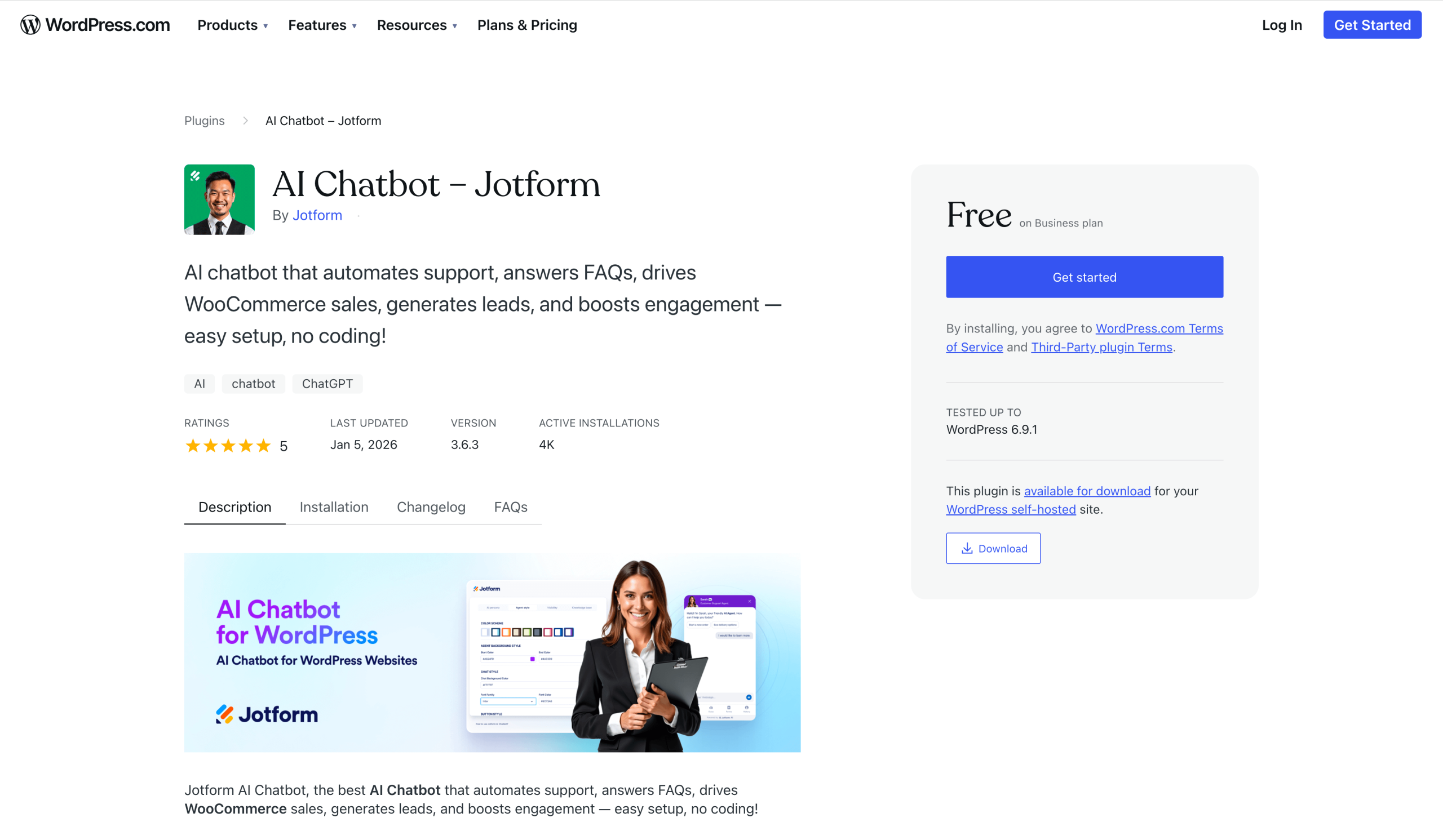 Screenshot of the Jotform AI Chatbot for WordPress plugin landing page in the WordPress plugin directory