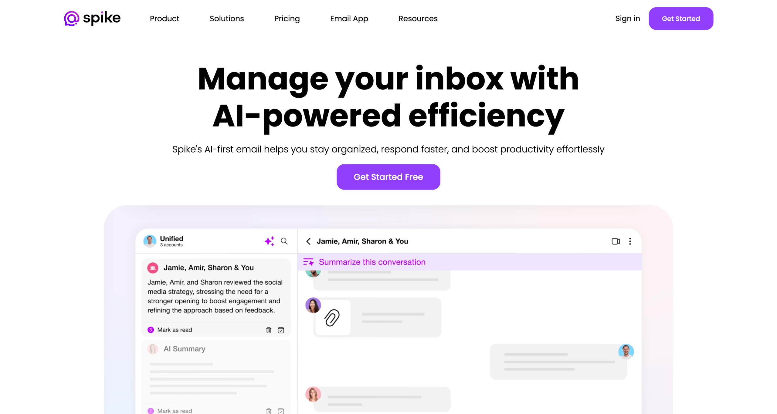 Screenshot of Spike landing page, showing a headline "Manage your inbox with AI-powered efficiency"