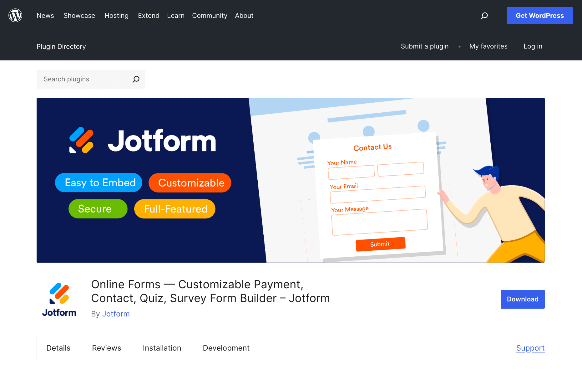WordPress Plugin Directory page displaying the Jotform plugin, “Online Forms — Customizable Payment, Contact, Quiz, Survey Form Builder – Jotform,” with the Download button visible
