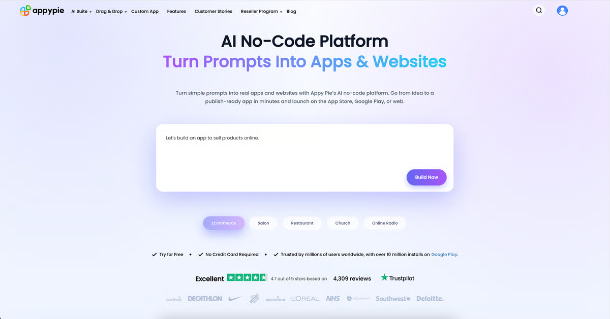 Screenshot of Appy Pie landing page with a headline "AI No-Code Platform"