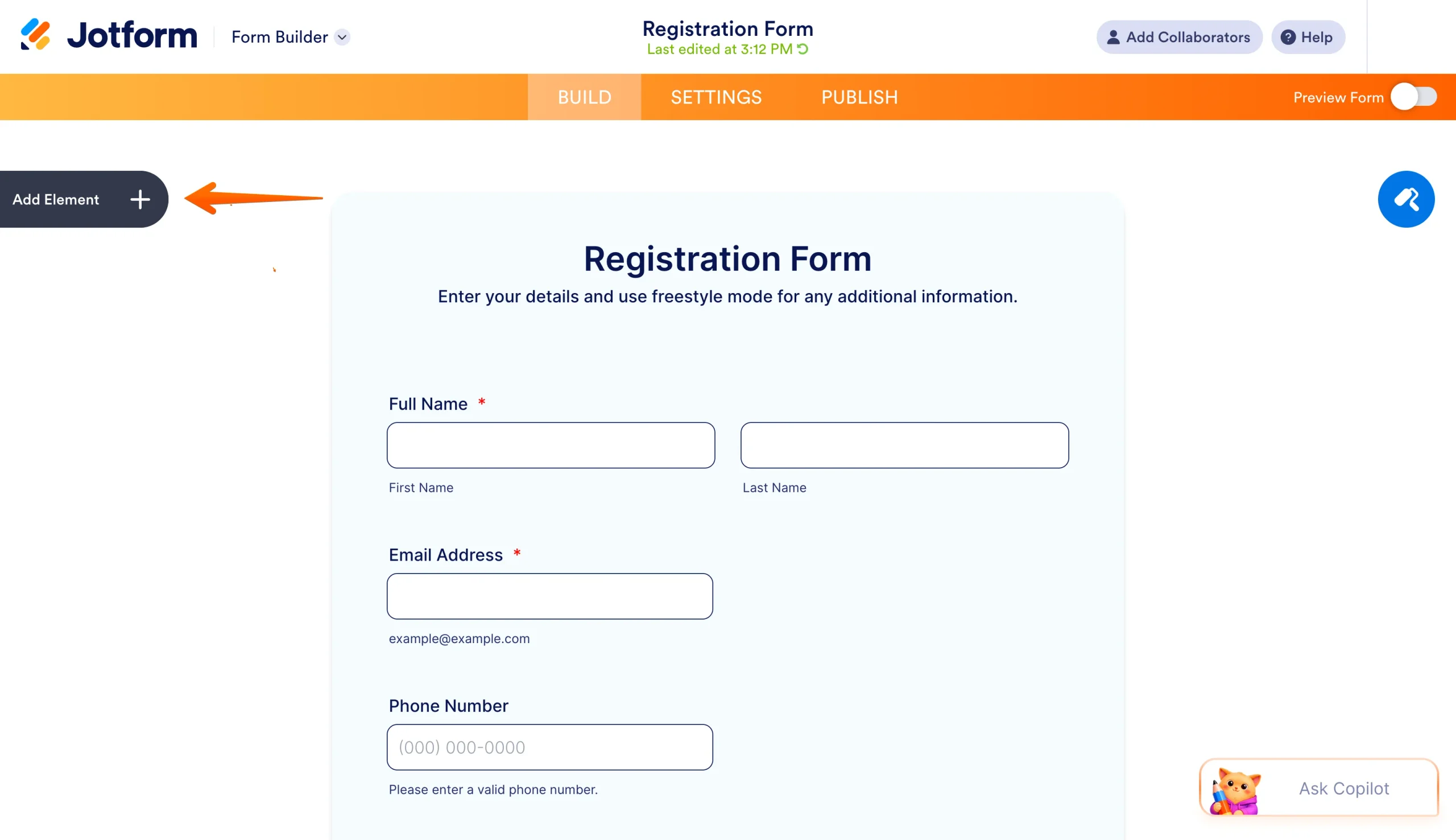 Jotform Form Builder with an arrow pointing to the Add Element button