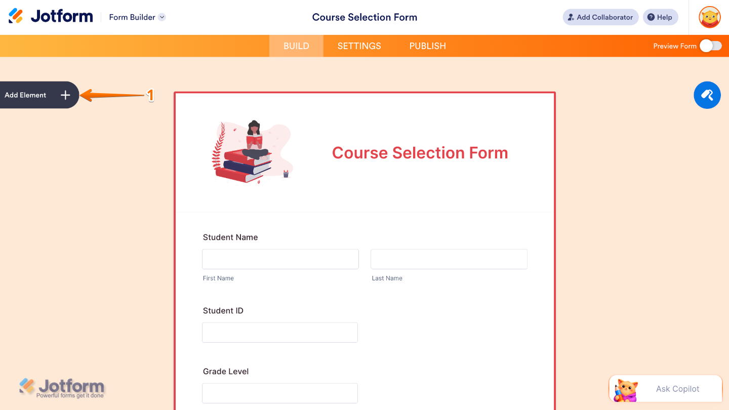 Form Builder interface showing the Add Element button on the left side of the page