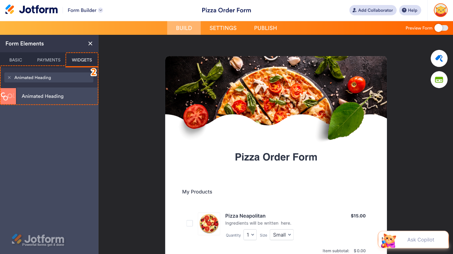 Form Builder interface displaying the Widgets tab where the Animated Heading widget is being added to a form