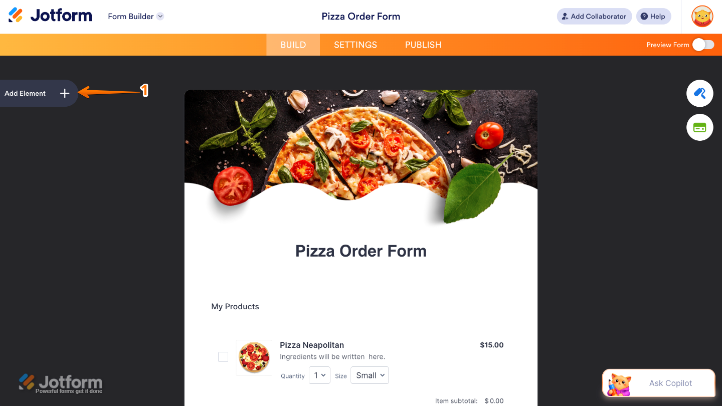Form Builder interface showing the Add Element button on the left sidebar