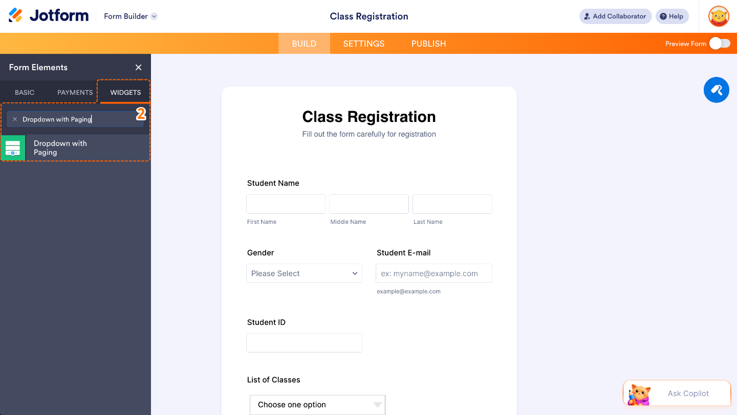 Form Elements menu under the Widgets tab showing the Dropdown with Paging widget being searched and selected