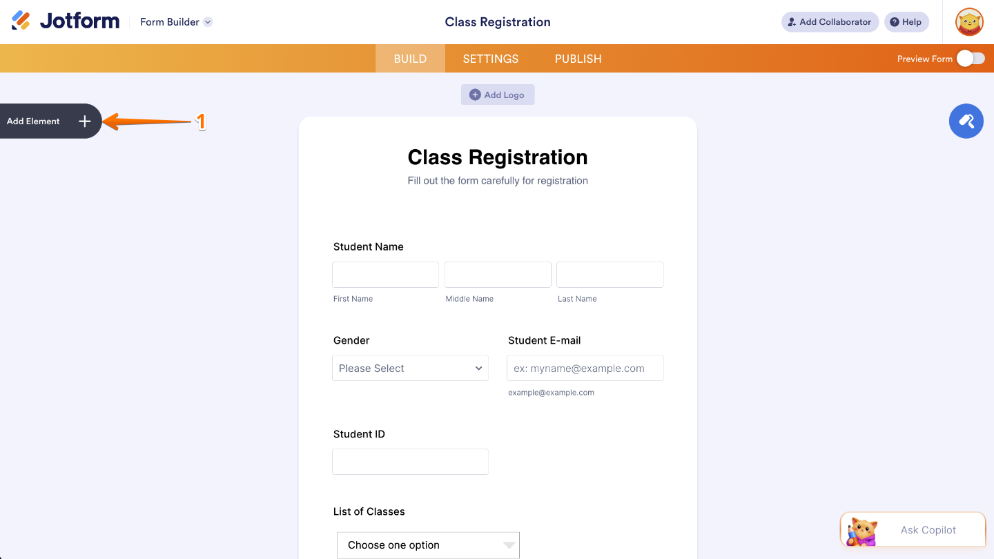 Form Builder interface showing the Add Element button on the left panel