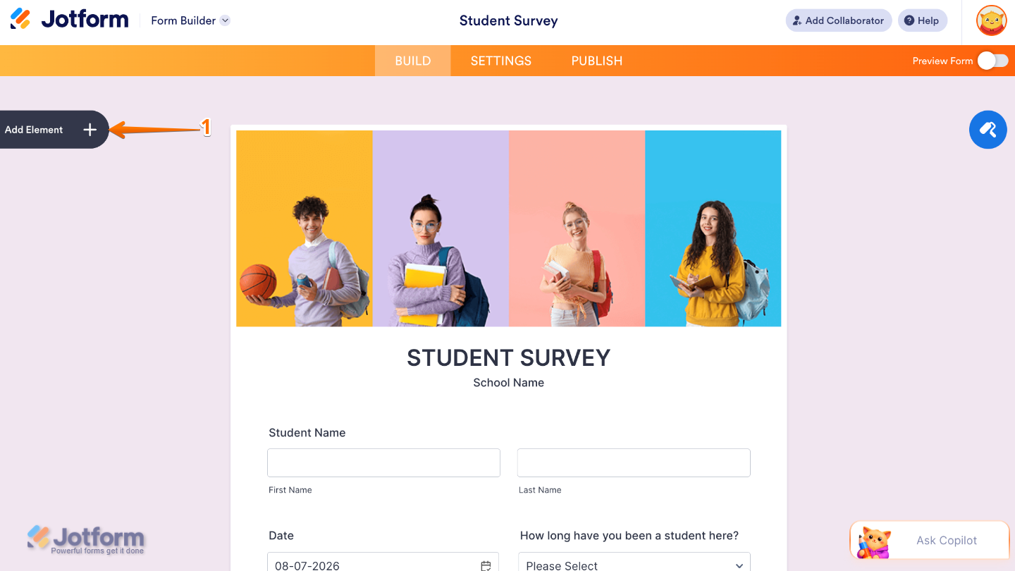 Form Builder interface showing the Add Element button on the left sidebar