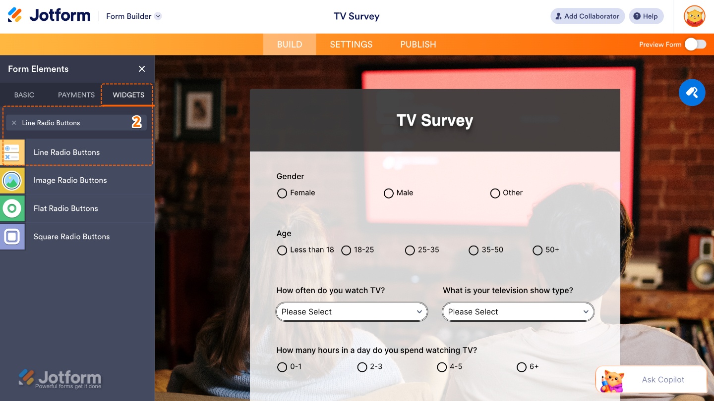 Form Elements menu under the Widgets tab showing the Line Radio Buttons widget being searched and selected