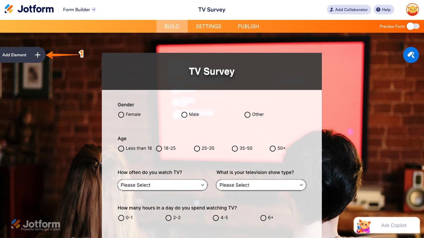Form Builder dashboard showing the Add Element button on the left-side panel