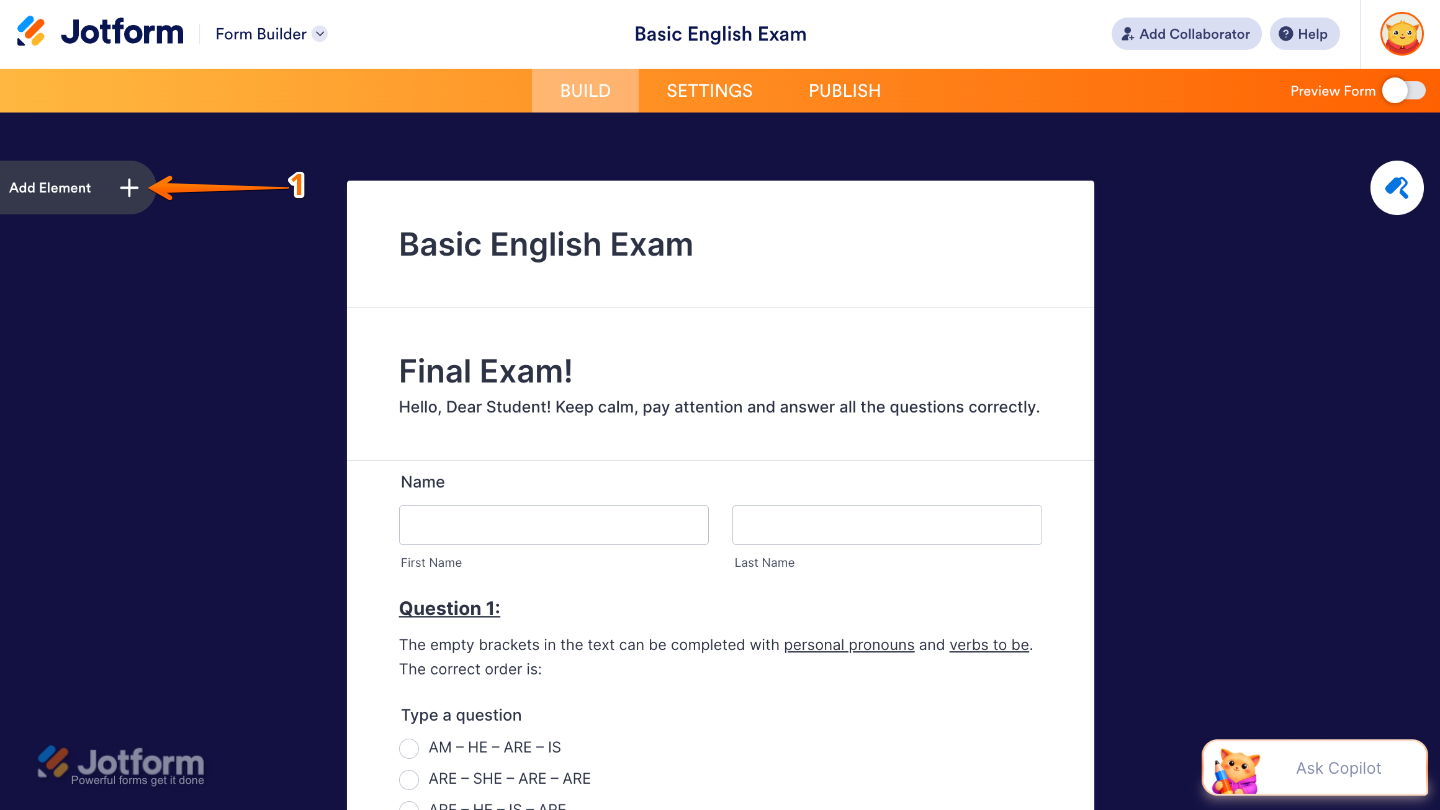 Form Builder interface showing the Add Element button on the left side of the page