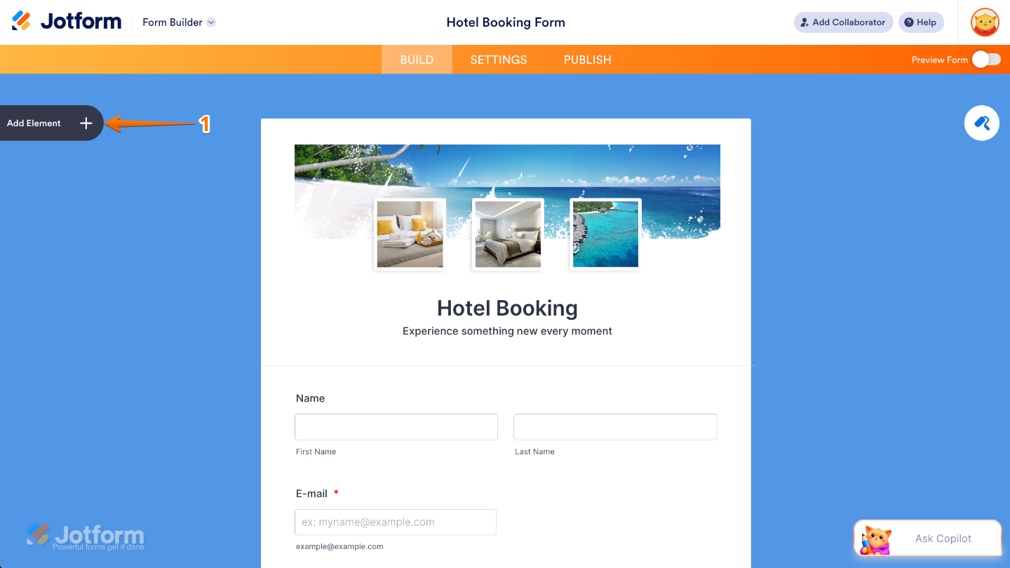 Form Builder interface highlighting the Add Element button on the left sidebar