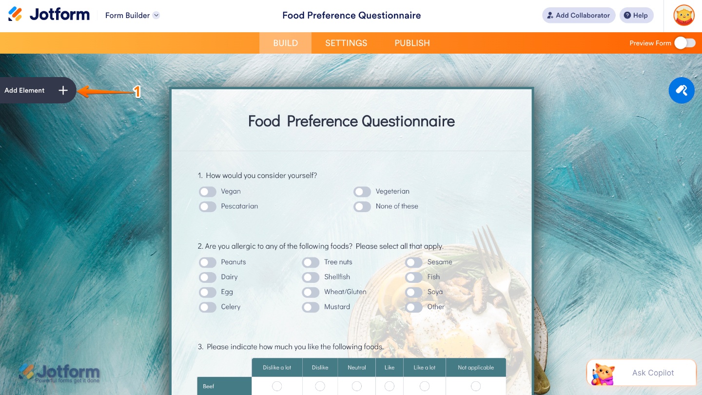 Form Builder interface showing the Add Element button on the left sidebar