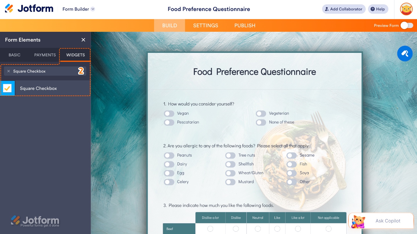 Form Elements menu under the Widgets tab showing the Square Checkbox widget being searched and selected