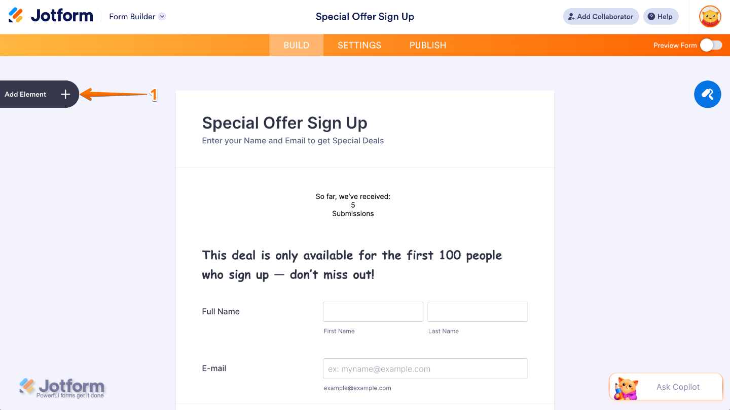 Form Builder interface showing the Add Element button on the left side of the page