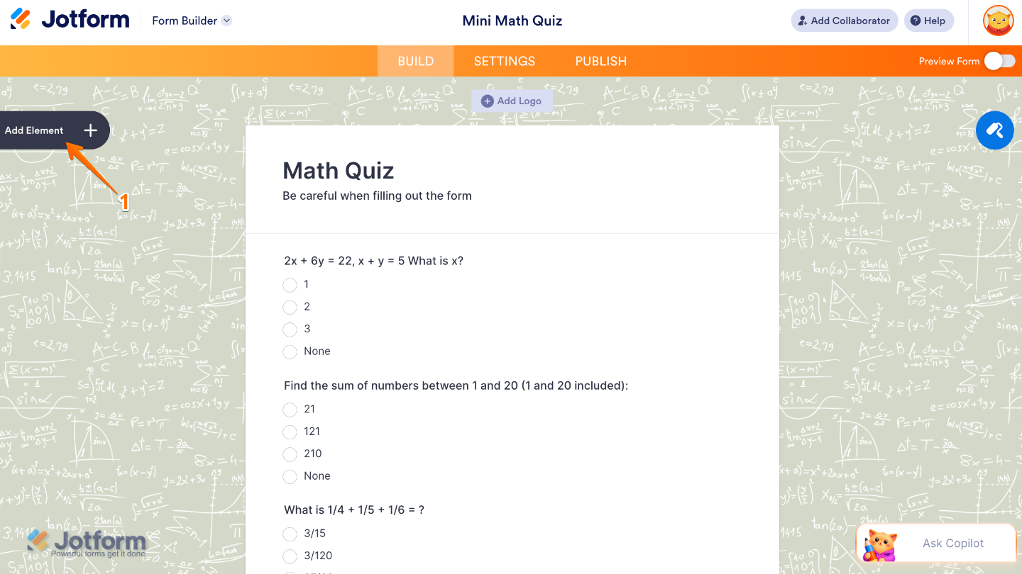 Form Builder interface showing the Add Element button on the left sidebar