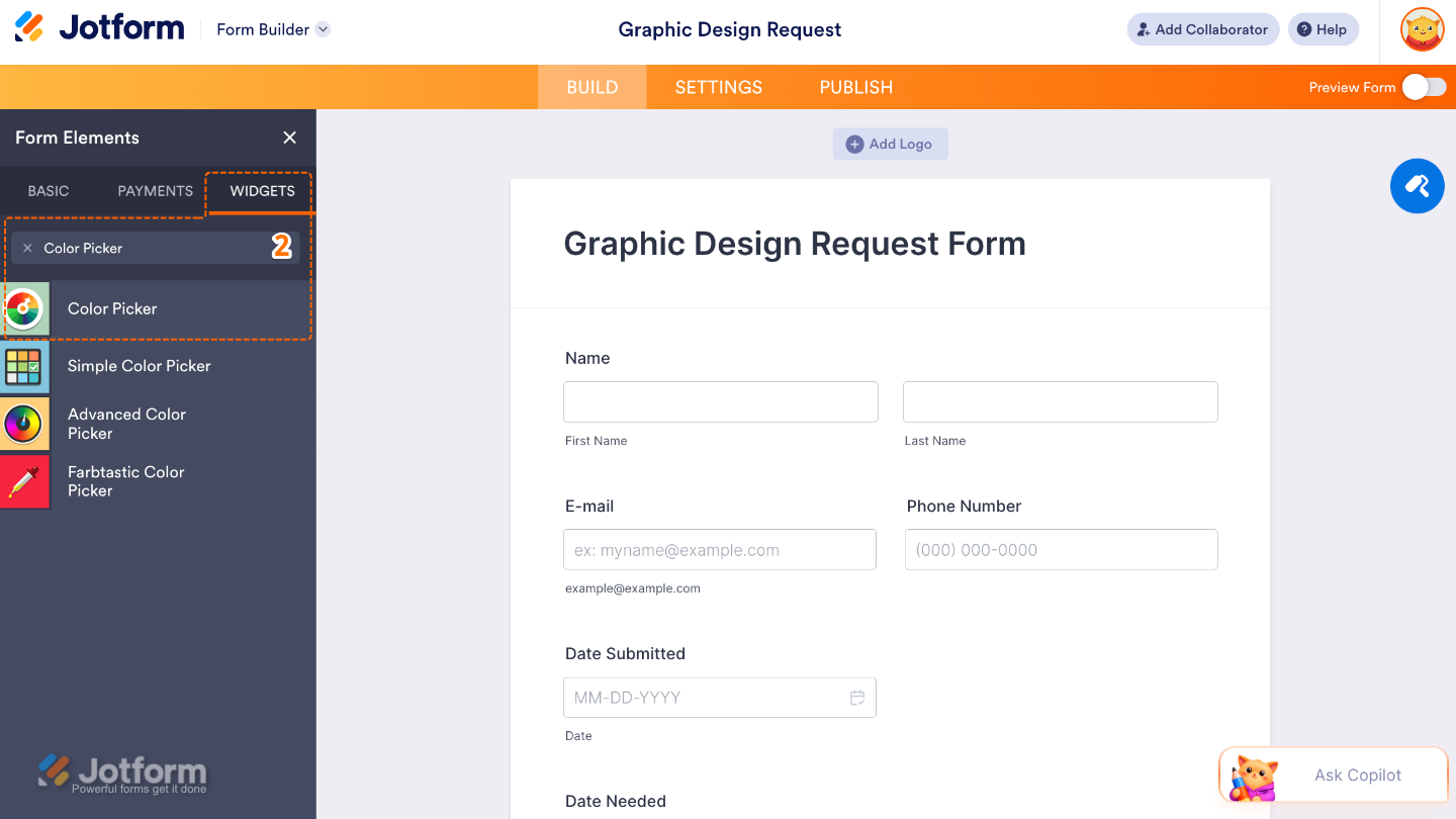 Form Elements menu under Widgets tab showing Color Picker widget being searched and selected