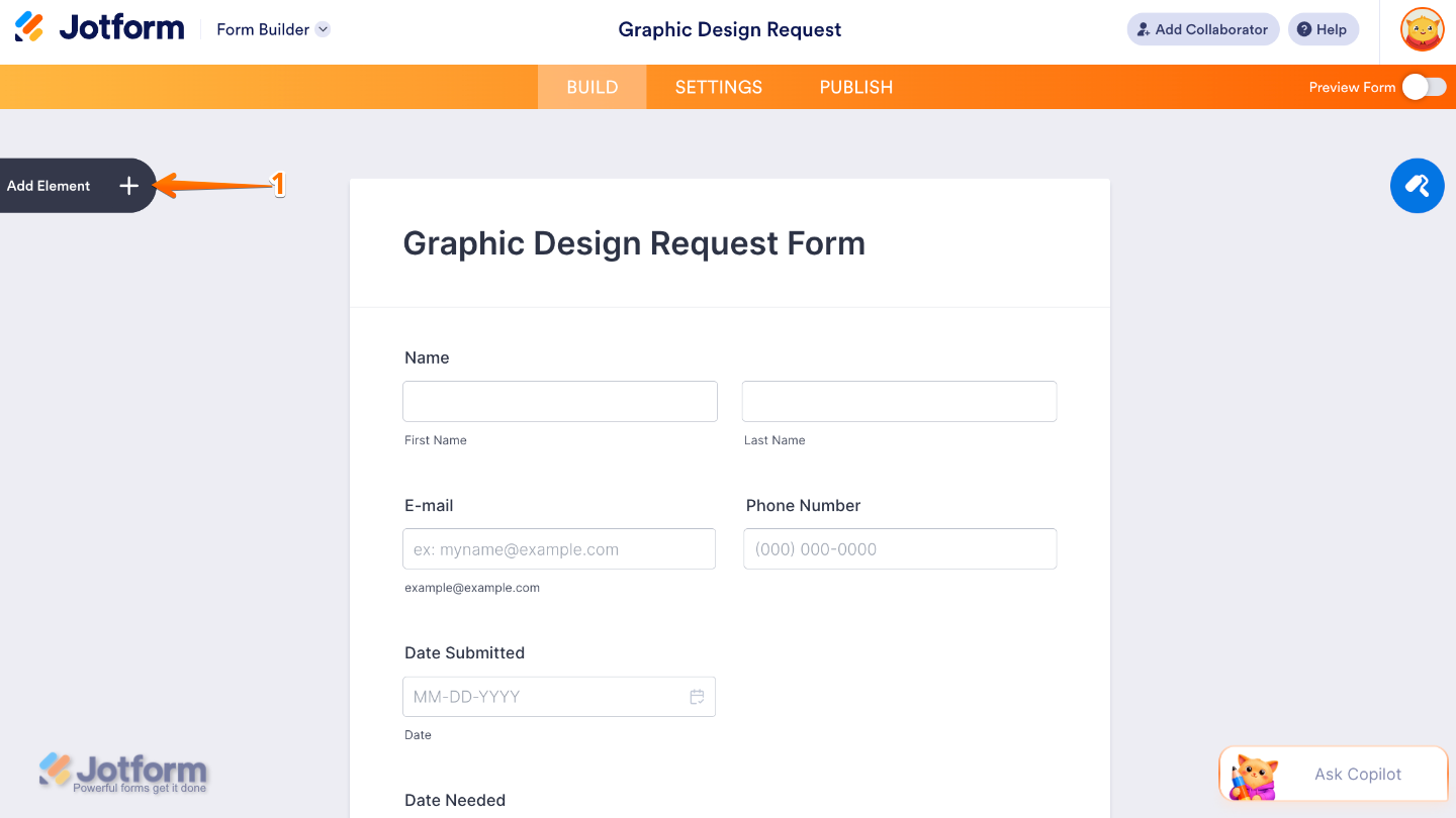 Form Builder interface showing the Add Element button on the left sidebar