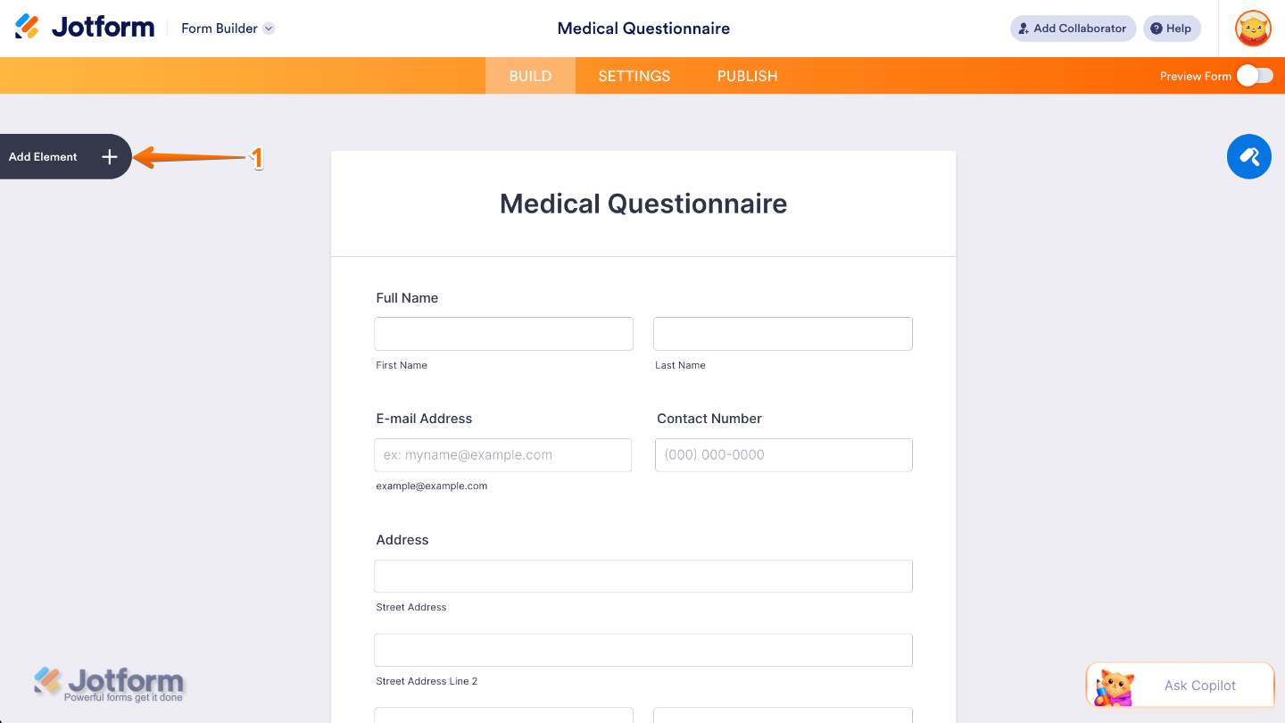 Form Builder interface showing the Add Element button on the left panel