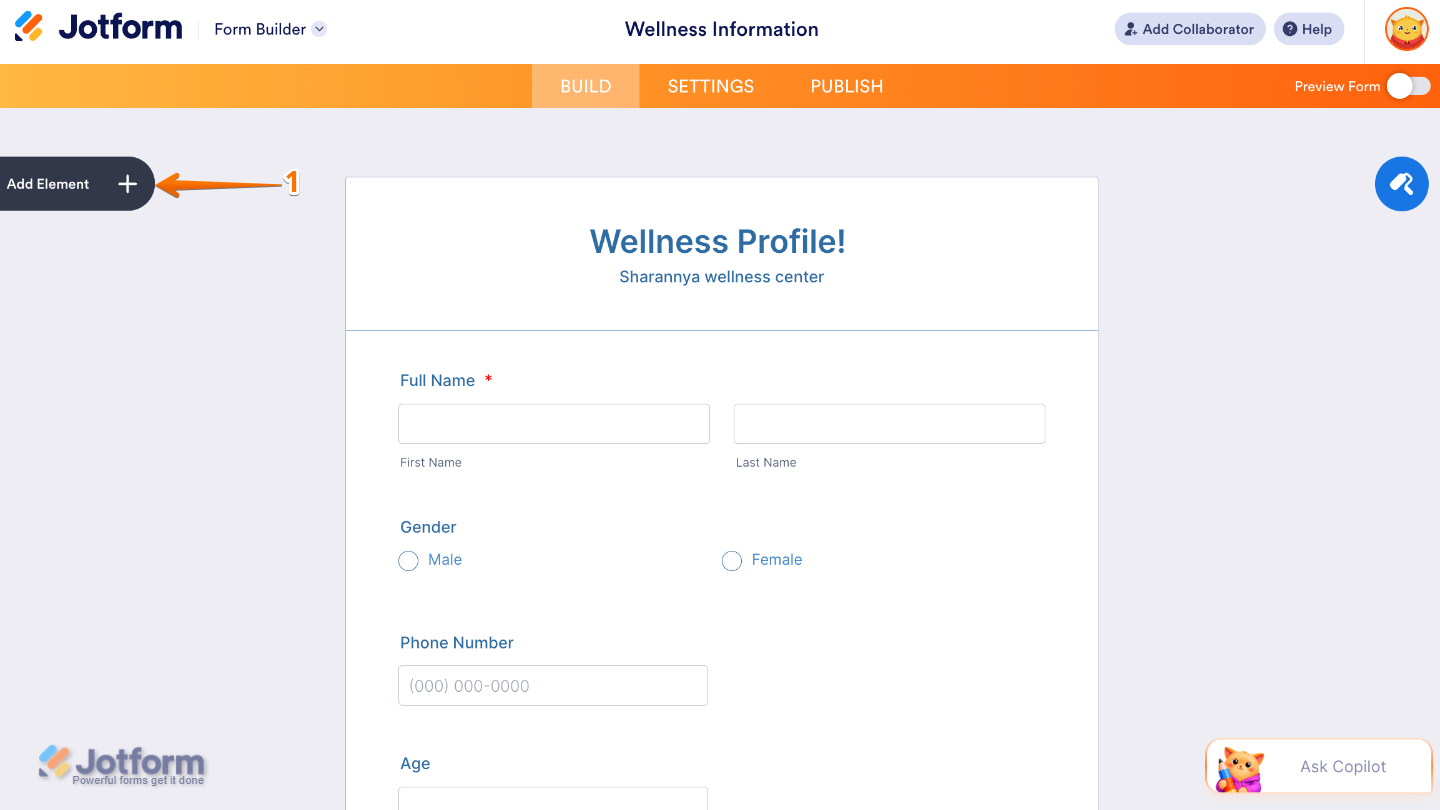 Form Builder interface highlighting the Add Element button on the left panel