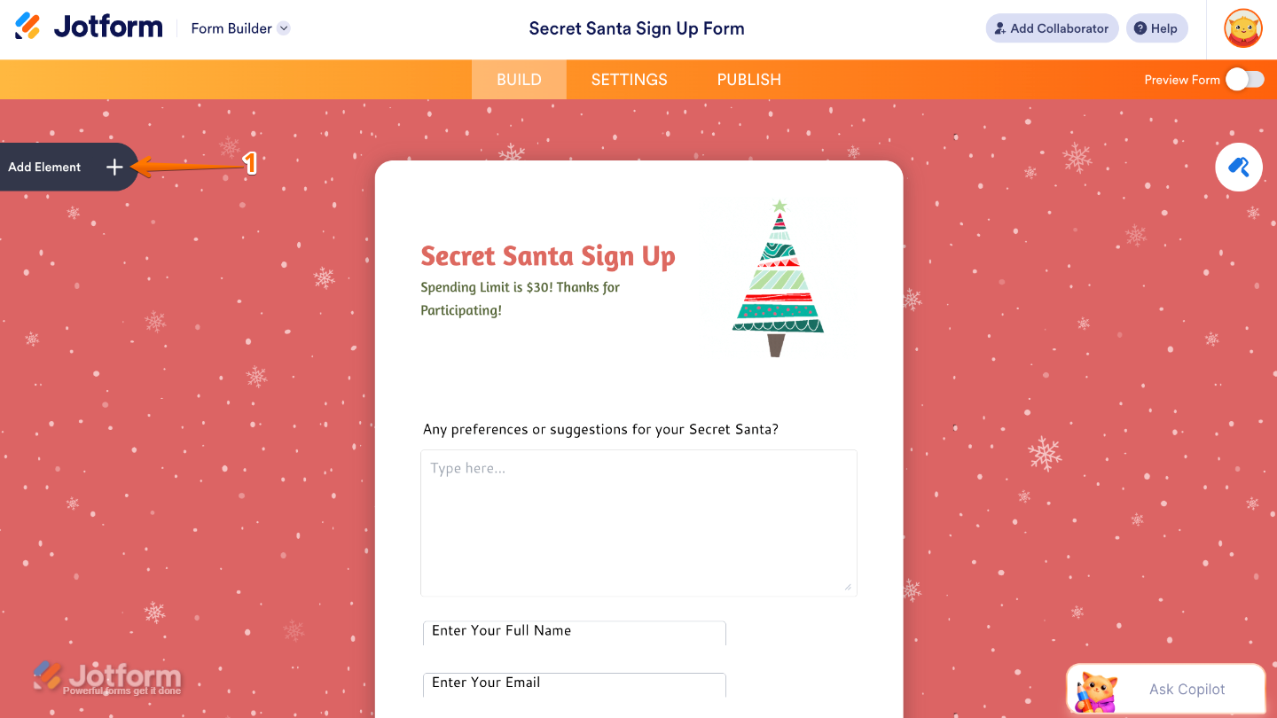Form Builder dashboard showing the Add Element button on the left-side panel