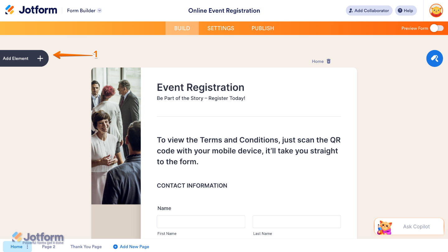 Form Builder interface showing the Add Element button on the left side of the page