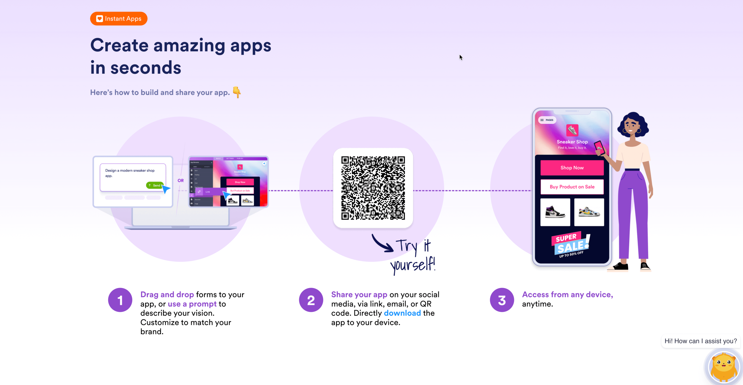 Instant Apps graphic showing how to create an app, share it via link or QR code, and access it on any device, illustrated with a sneaker shop app on a smartphone