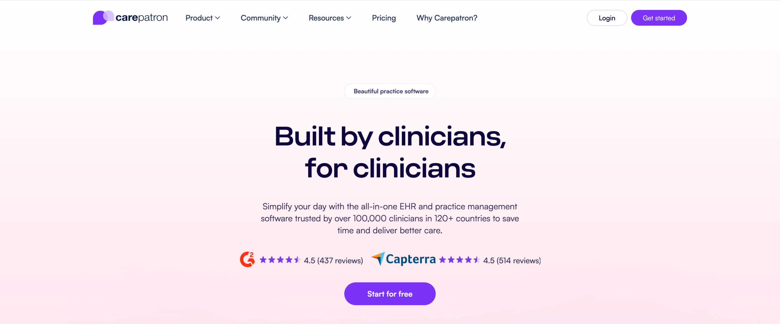 Screenshot of Carepatron's landing page, showing a headline "Built by clinicians, for clinicians"