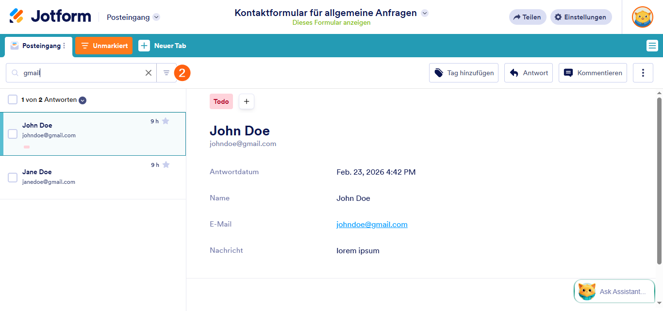 So suchen und filtern Sie Einsendungen im Jotform Posteingang Image-2