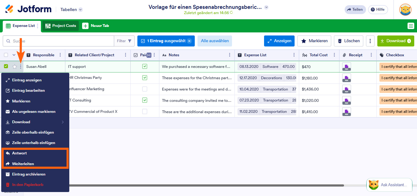 So verwenden Sie Optionen für den direkten E-Mail-Versand in Jotform Tabellen Image-1