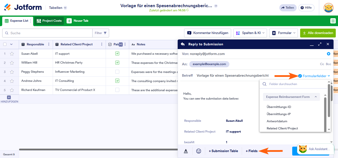So verwenden Sie Optionen für den direkten E-Mail-Versand in Jotform Tabellen Image-6