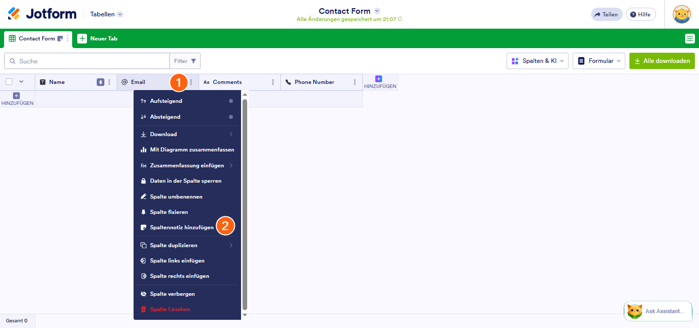 So fügen Sie Beschreibungen zu Registerkarten und Spalten in Jotform Tabellen hinzu Image-5
