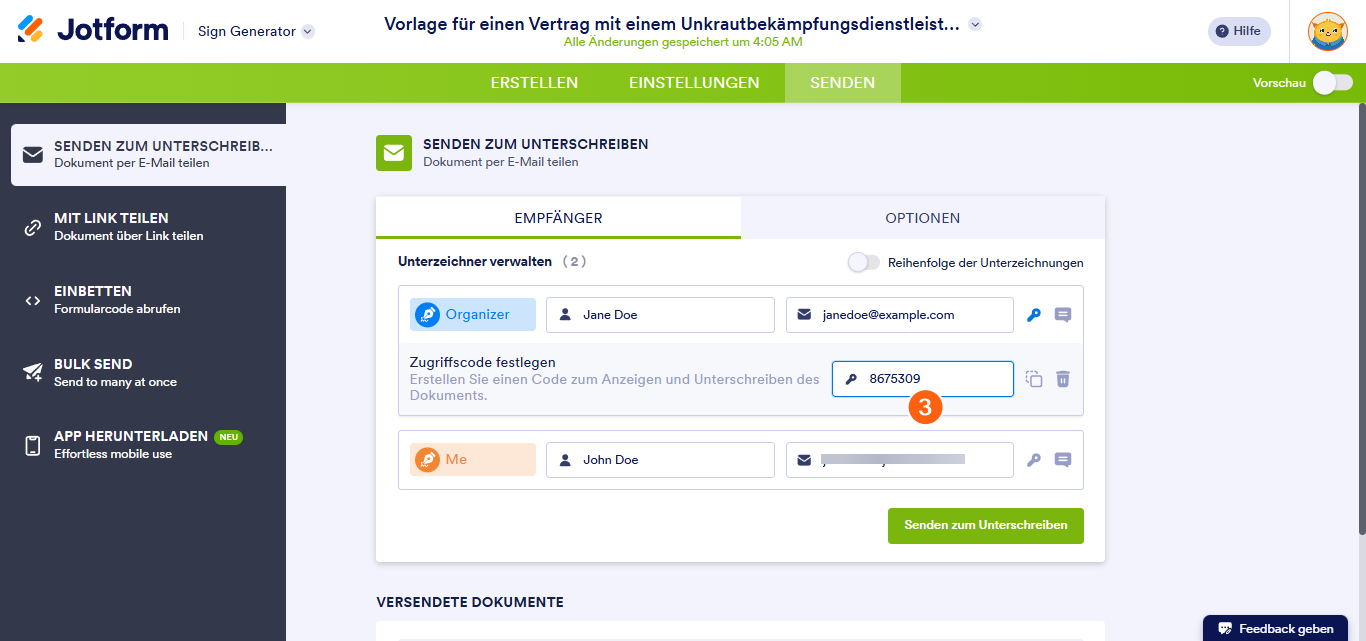 So legen Sie einen Zugangscode für Ihre Dokumente in Jotform Sign fest Image-3