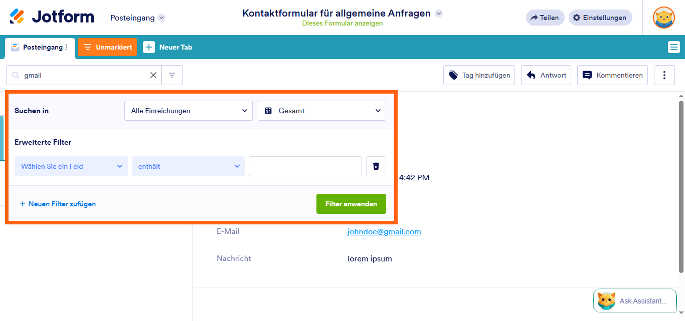 So suchen und filtern Sie Einsendungen im Jotform Posteingang Image-3