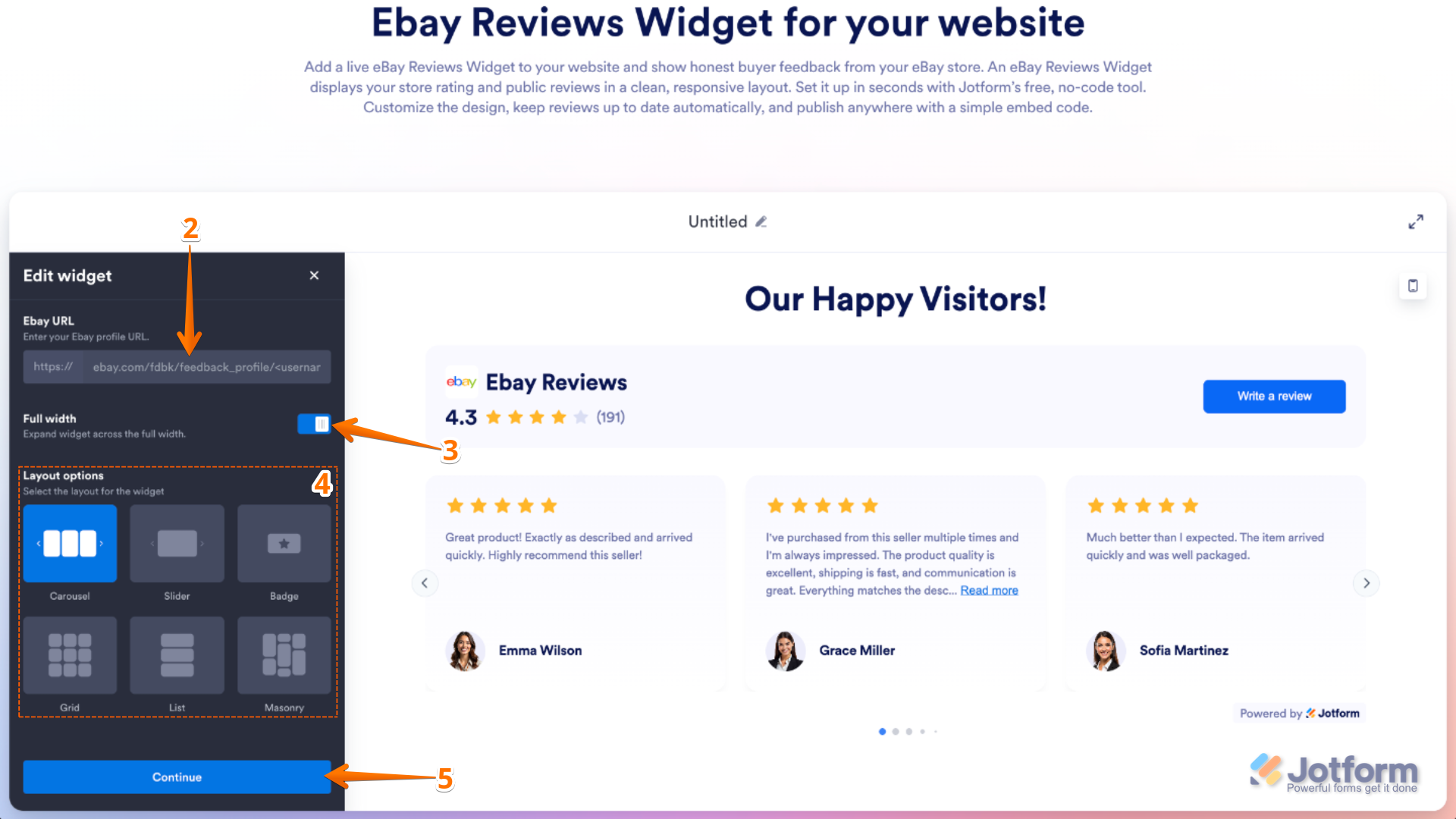 eBay Reviews widget setup page showing eBay URL input, Full Width toggle, and various Layout Options including Carousel, Slider, Badge, Grid, List, and Masonry