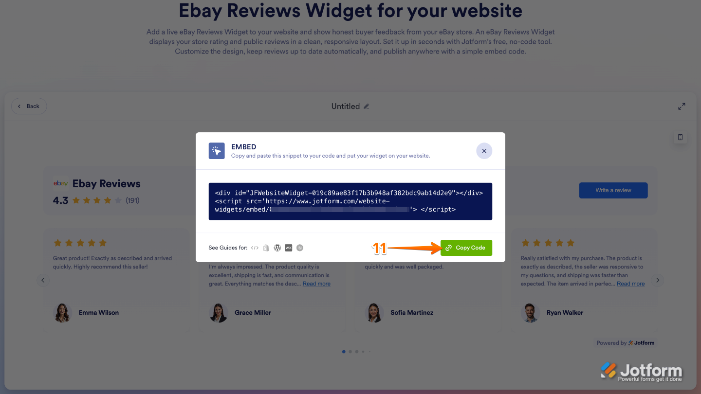 Copying the embed code from the eBay Reviews widget to add reviews to a website