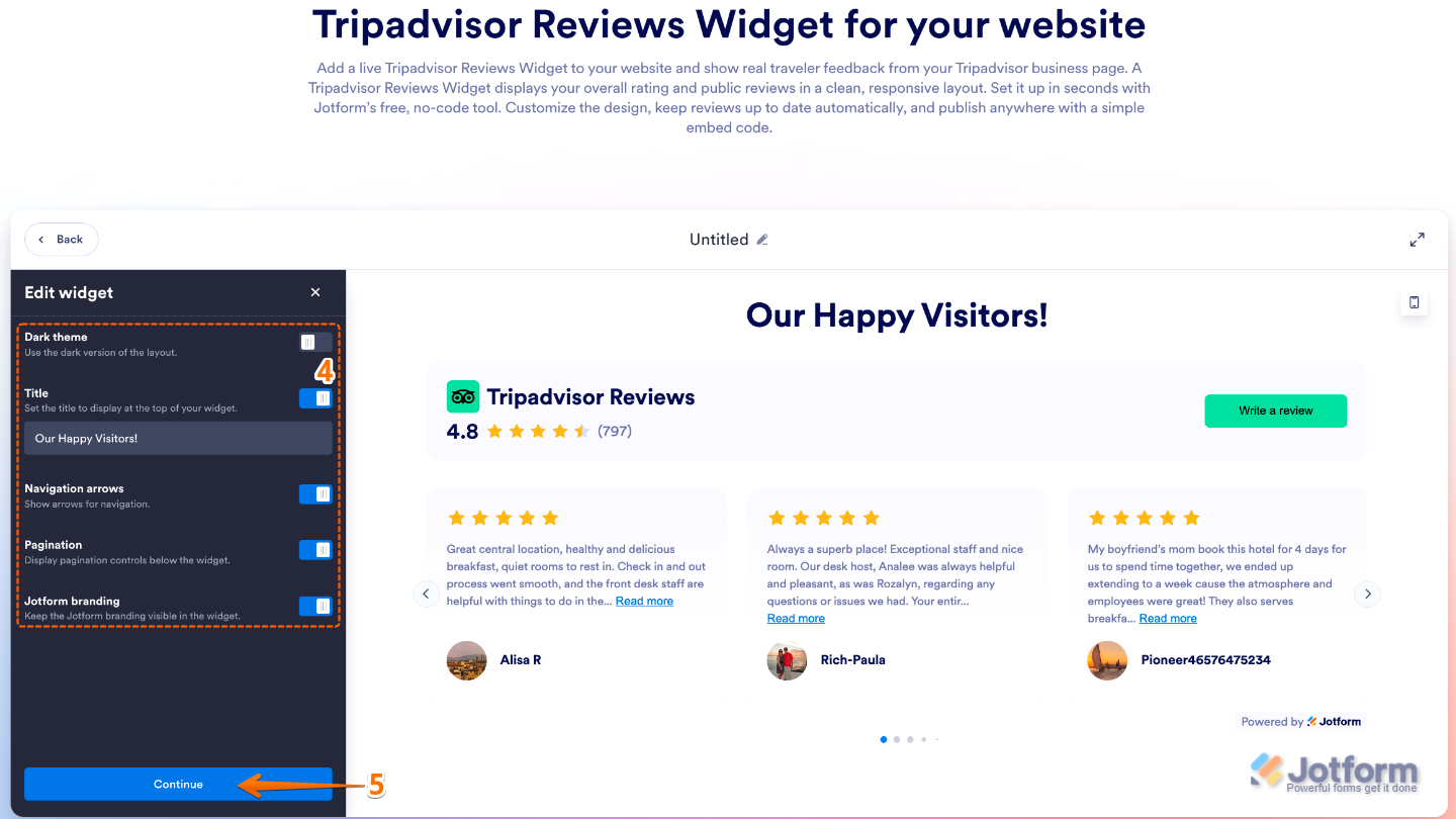 Tripadvisor Reviews widget customization panel showing Dark Theme, Title, Navigation Arrows, Pagination, and Jotform Branding options