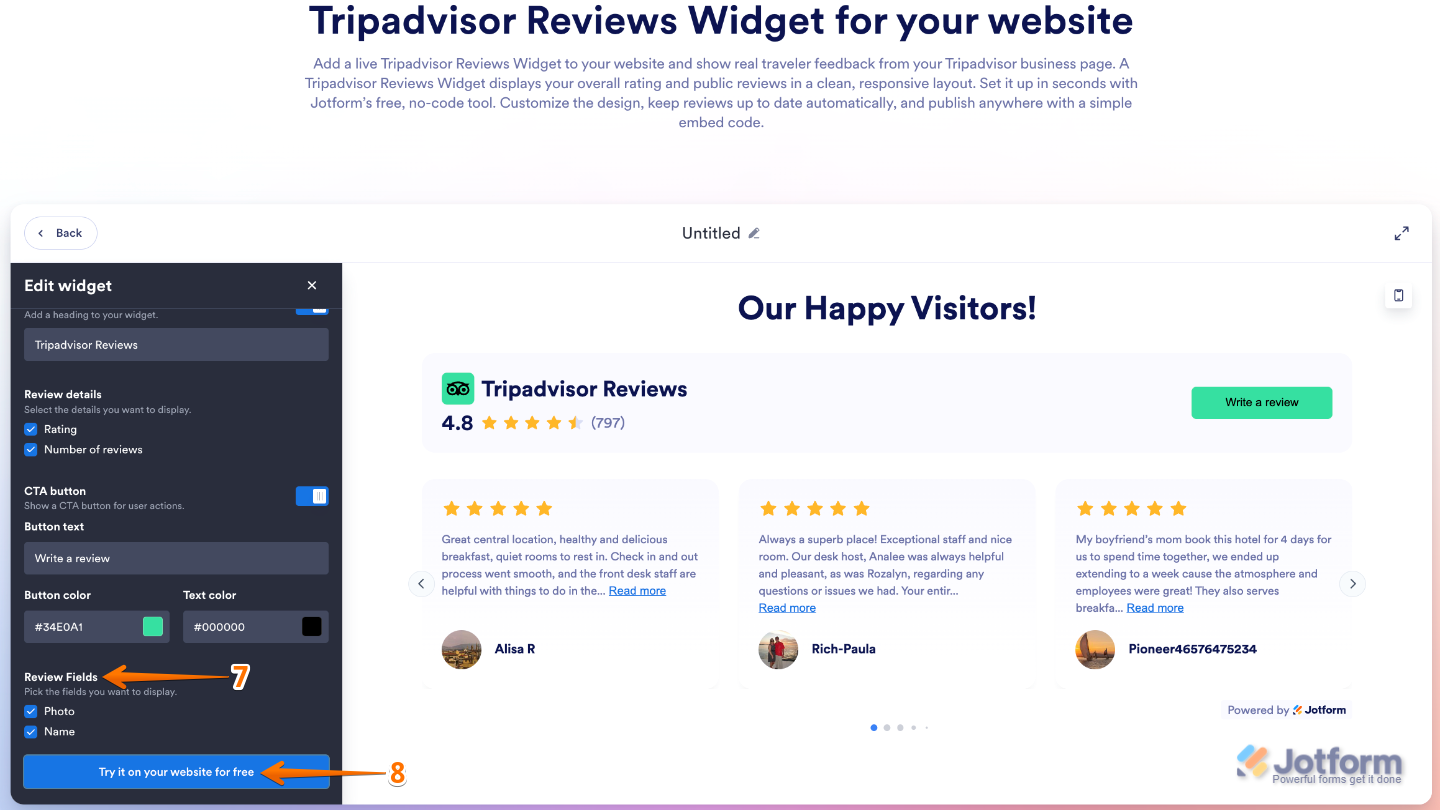 Tripadvisor Reviews widget settings with Review Fields options to display reviewer photo, name, and other details