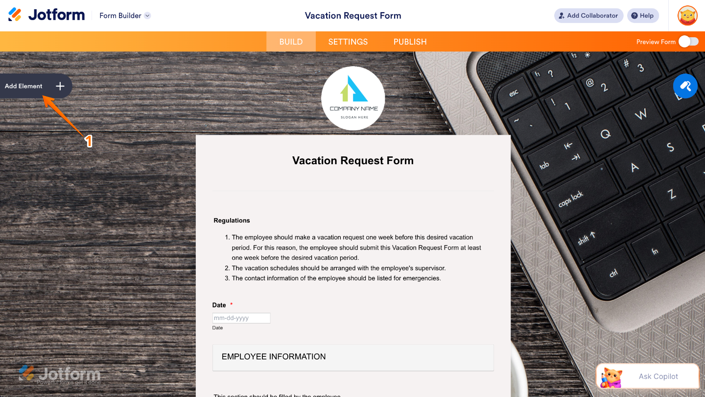 Form Builder interface showing the Add Element button on the left sidebar for adding new form fields