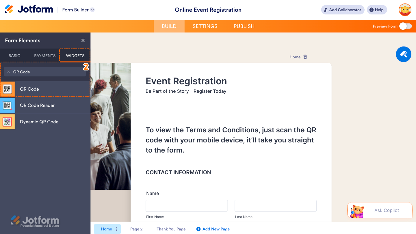 Form Elements menu under the Widgets tab showing the QR Code widget being searched and selected