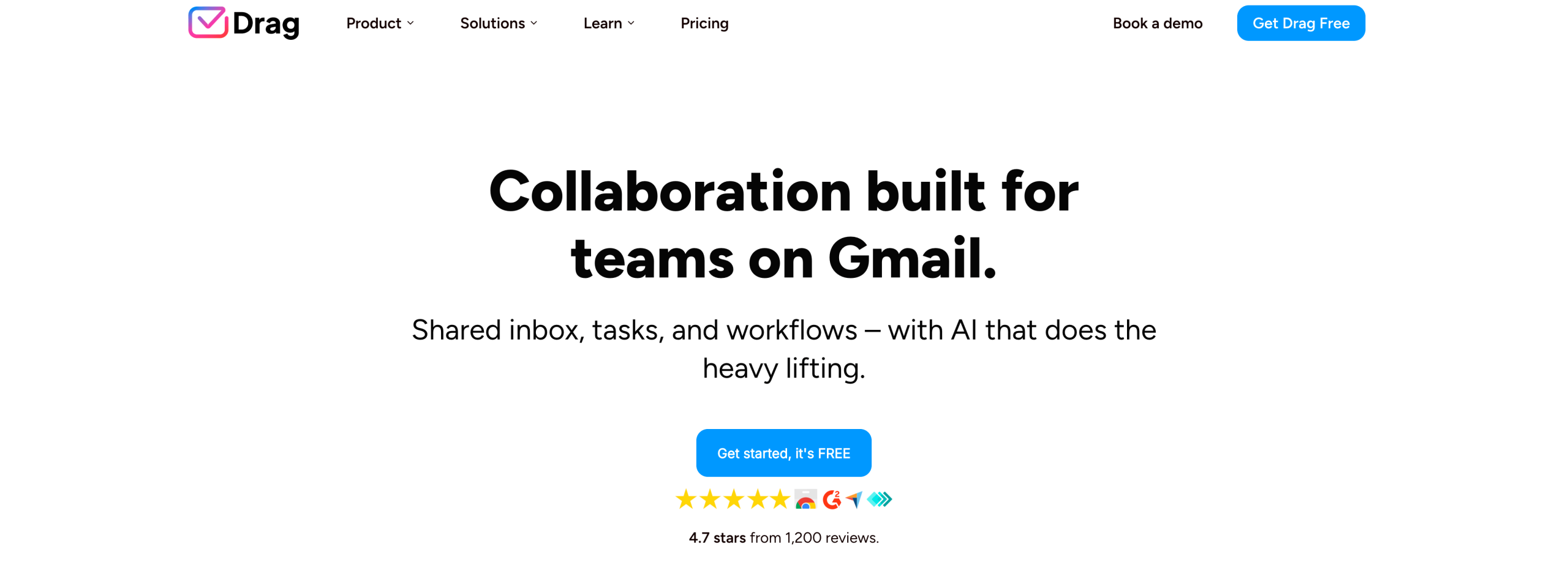 Screenshot of Drag's landing page, showing a headline "Collaboration built for teams on Gmail"