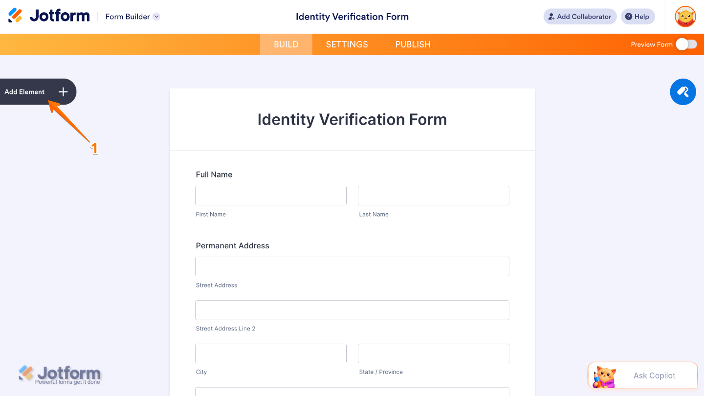 Form Builder interface showing the Add Element button on the left side of the page