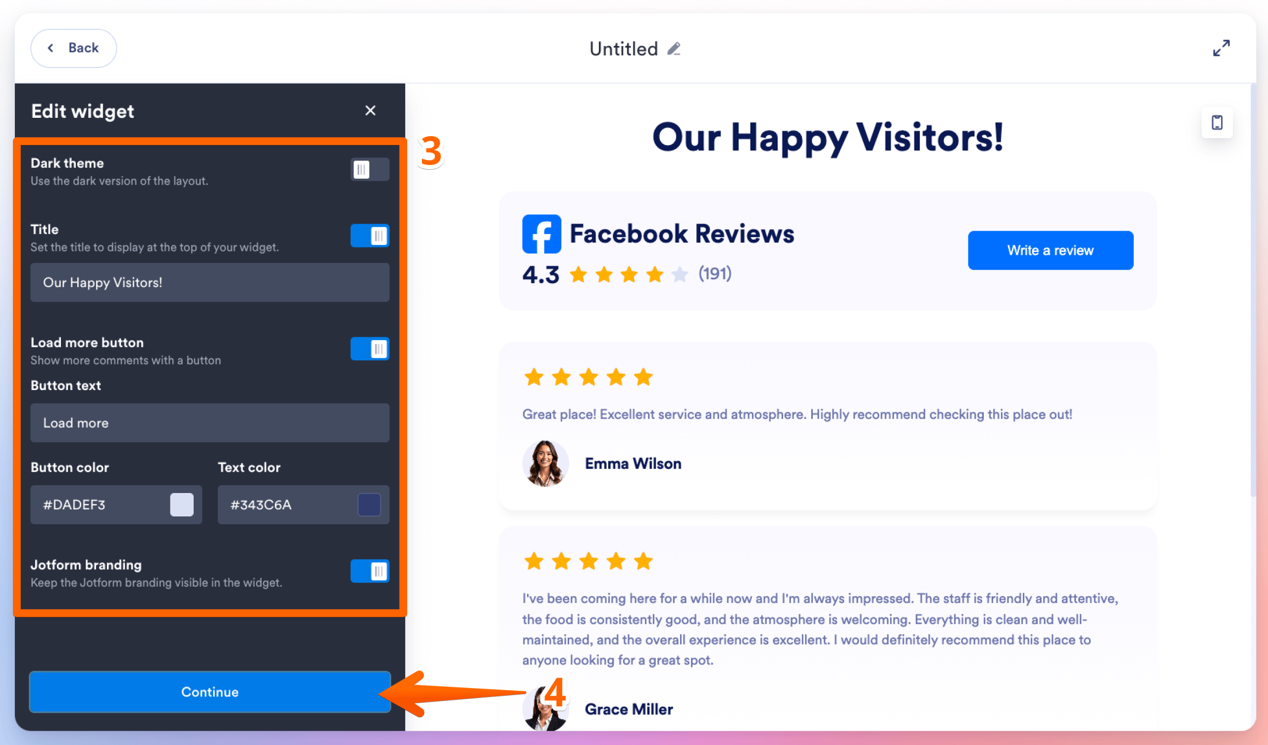 View settings panel with theme, title, navigation, and branding options, alongside a live Facebook Reviews preview