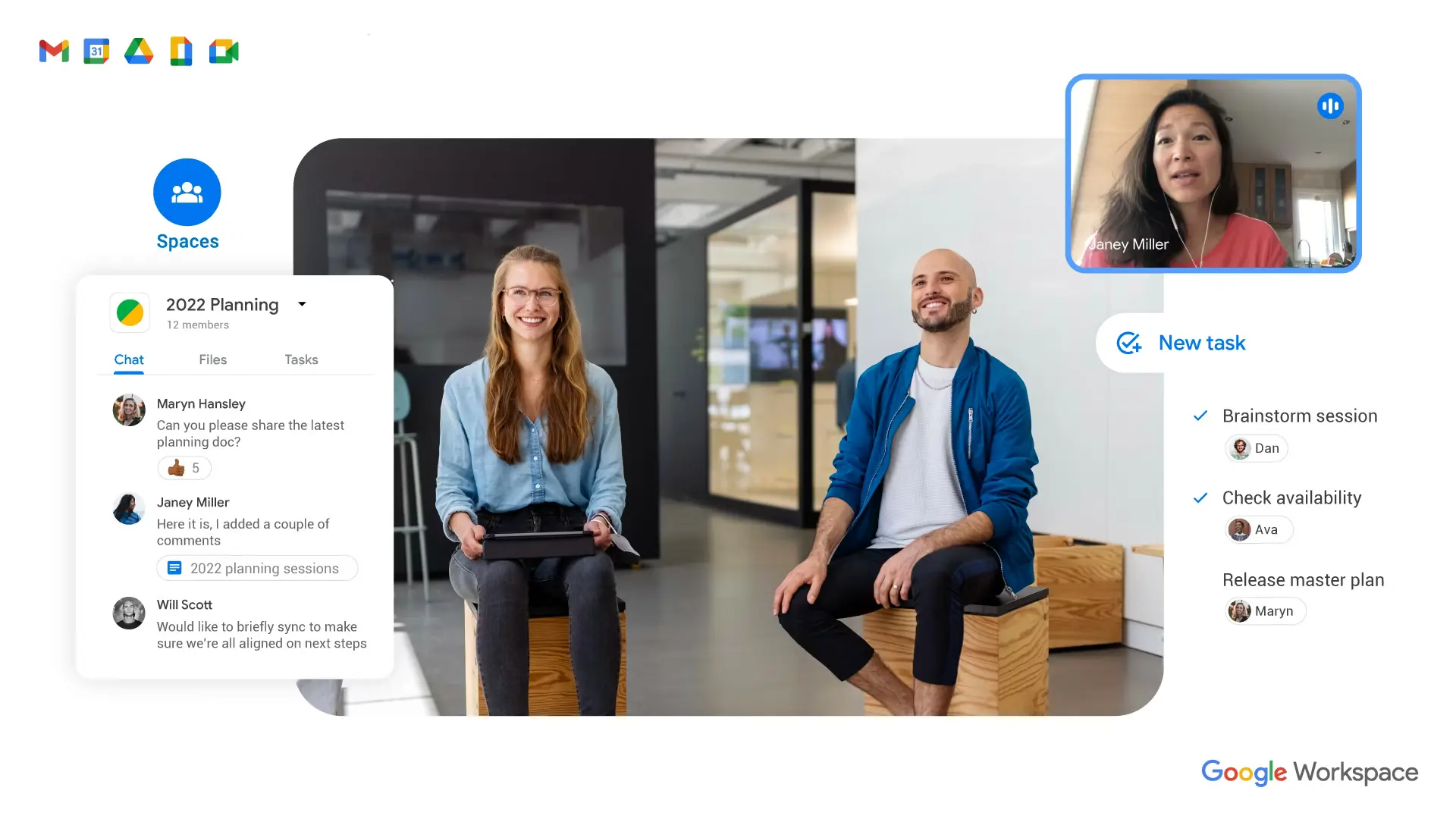 Google Workspace interface showing shared documents, Drive files, and a video meeting window, highlighting real-time collaboration and cloud-based productivity tools