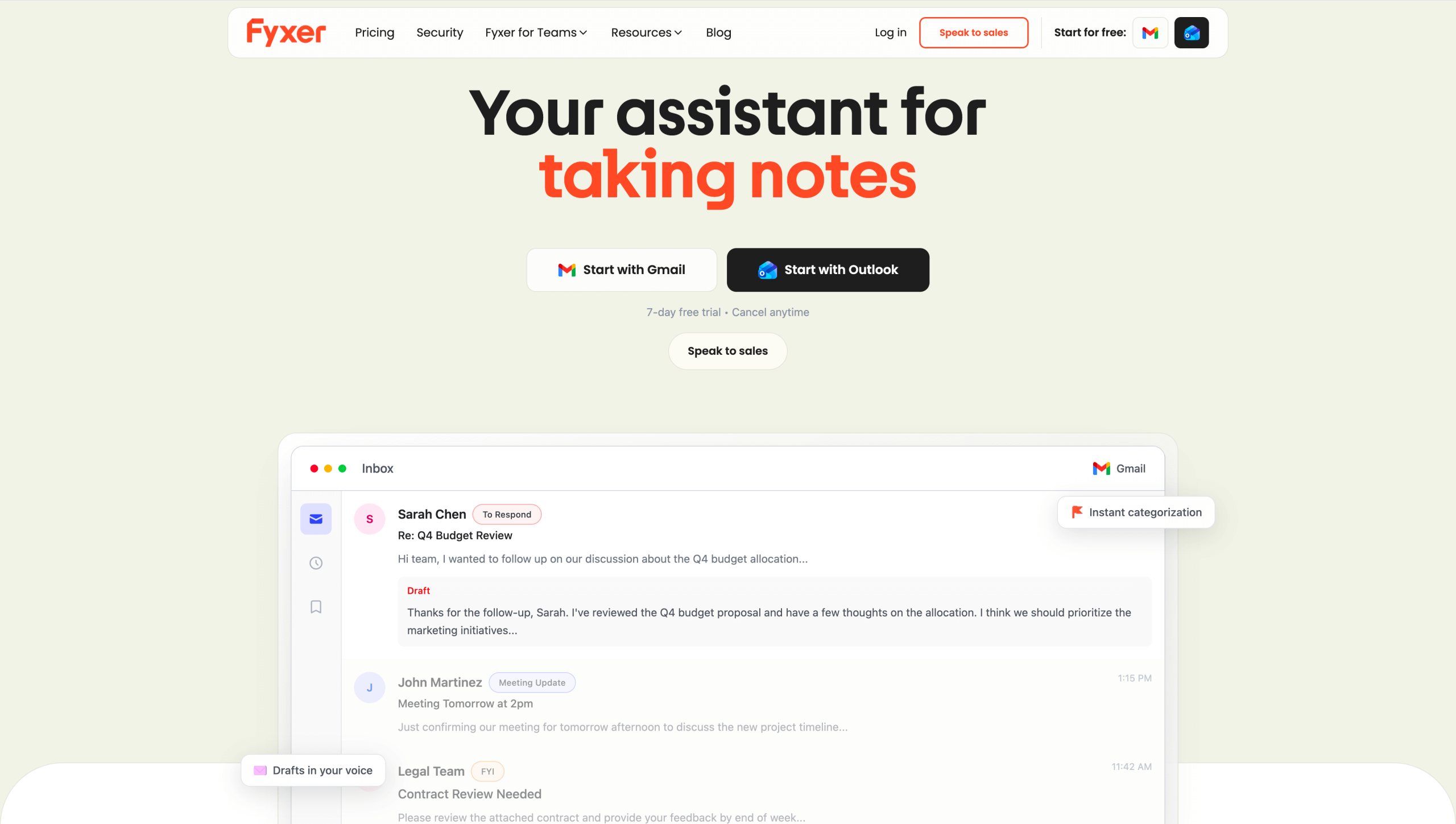Screenshot of Fyxer's landing page, showing a headline "Your assistant for taking notes"