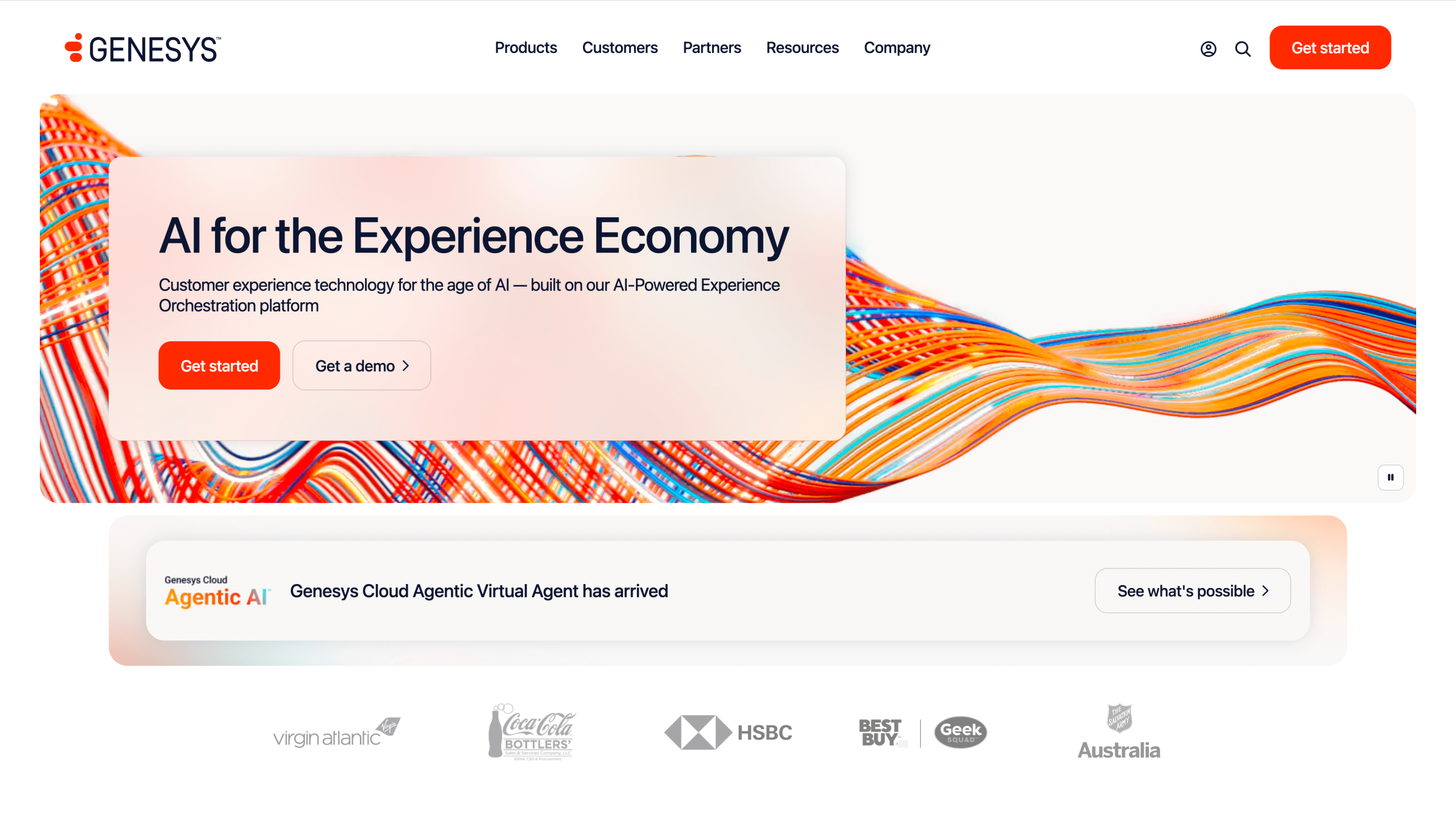 Screenshot of Genesys landing page, showing a headline "AI for the Experience Economy"