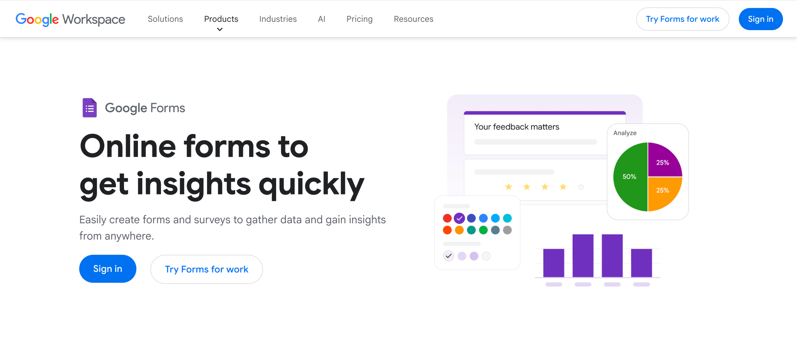 Screenshot of Google Forms' landing page, showing a headline "Online forms to get insights quickly"