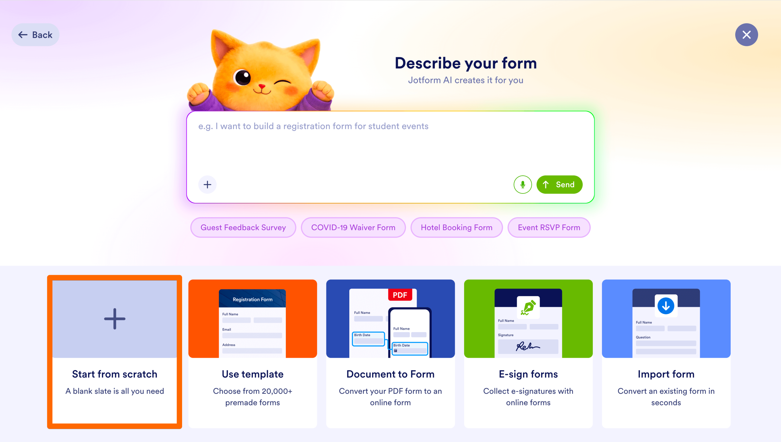 Jotform dashboard showing the “Start from scratch” option highlighted among choices like Use template, Document to Form, E-sign form, and Import form