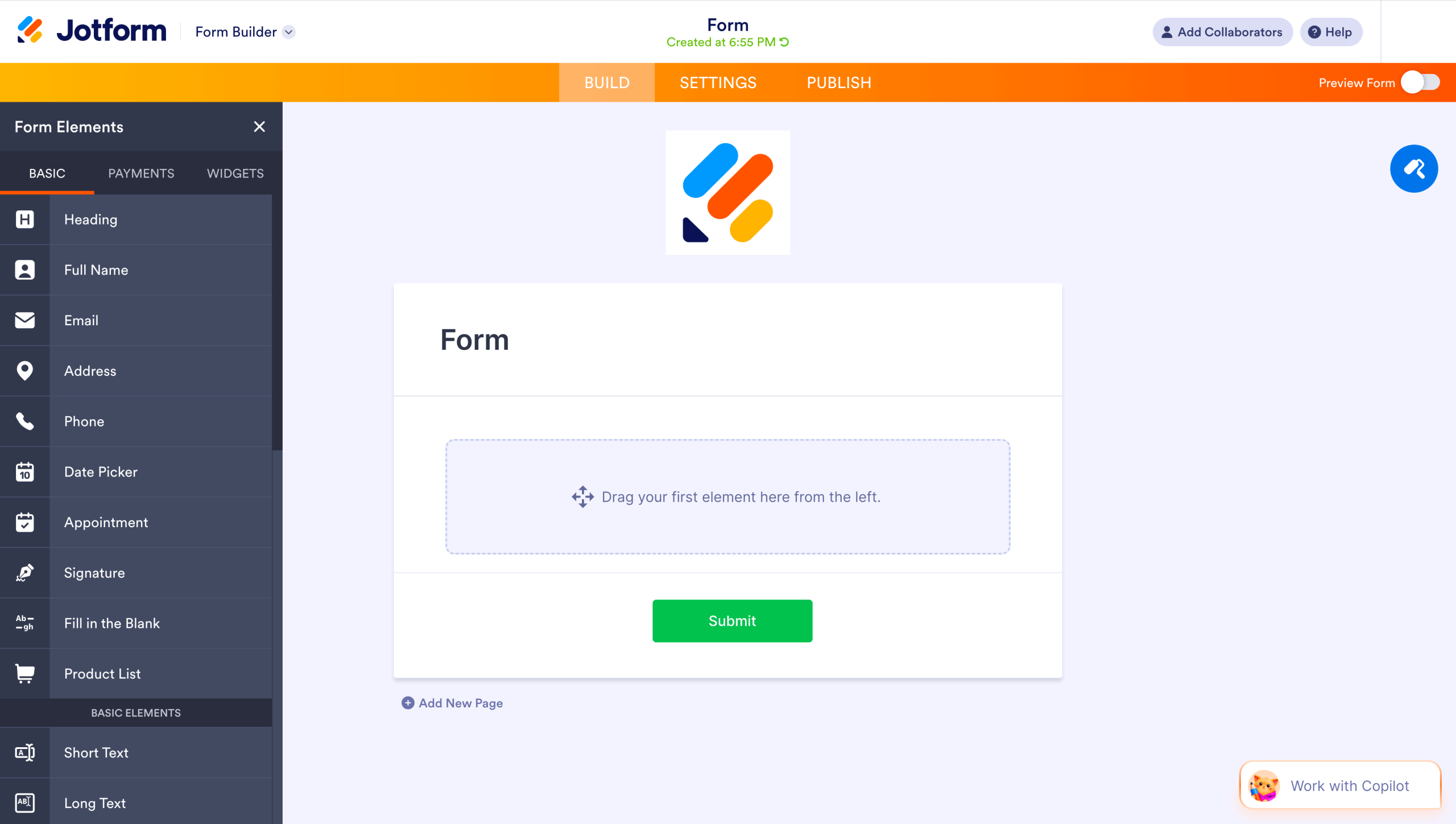 Jotform Form Builder interface with drag-and-drop fields panel on the left and a sample form preview in the center